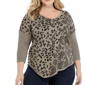 Democracy V-Neck Leopard Print Sweater - Gray and Black
